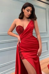 Shinning Red Slit Prom Dress Long With Sequins Beadings One Shoulder-ballbellauk