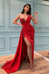 Shinning Red Slit Prom Dress Long With Sequins Beadings One Shoulder-ballbellauk