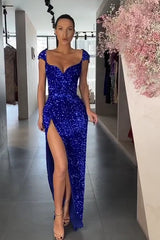 Shinning Royal Blue Sequins Prom Dress Split Cap Sleeve-ballbellauk