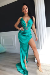Shinning V-Neck Long Prom Dress With Split Sleeveless-ballbellauk