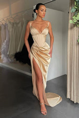 Shinning V-neck Mermaid Ruched Long Prom Dress High-split-ballbellauk