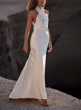 Silk Like Satin Wedding Dresses Sheath Fitted Halter Sleeveless Sweep Train-Ballbella