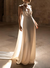 Silk Like Satin Wedding Dresses Summer Beach Boho Garden Halter Sleeveless Sweep Train-Ballbella