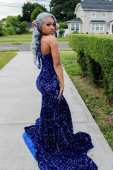 Silver Beaded Royal Blue Court Train Mermaid Sequin Long Prom Dresses-Ballbella