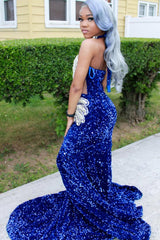 Silver Beaded Royal Blue Court Train Mermaid Sequin Long Prom Dresses-Ballbella