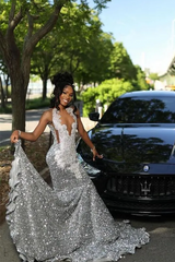 Silver Beaded V-neck Sequin A-line Sleeveless Floor length Prom Dresses-Ballbella
