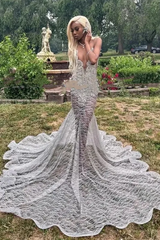 Silver Deep V-neck Sleeveless Mermaid Sparkle Court Train Prom Dresses-Ballbella