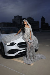 Silver Sparkle Beaded Mermaid Court Train Sweetheart Sleeveless Prom Dresses-Ballbella