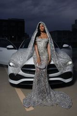 Silver Sparkle Beaded Mermaid Court Train Sweetheart Sleeveless Prom Dresses-Ballbella