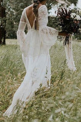 Simple Boho Wedding Dresses A-line Deep V-Neck Multilayer Lace Chiffon Beach Bridal Gowns-Ballbella
