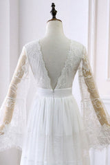 Simple Boho Wedding Dresses A-line Deep V-Neck Multilayer Lace Chiffon Beach Bridal Gowns-Ballbella