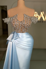 Sky Blue Off the shoulder Silver Beaded Satin Court Train Prom Dresses-Ballbella