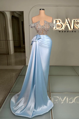 Sky Blue Off the shoulder Silver Beaded Satin Court Train Prom Dresses-Ballbella