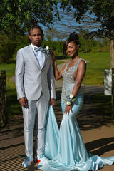 Sky Blue Silver Beaded Satin Mermaid Sleeveless Long Prom Dresses-Ballbella