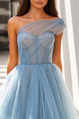 Sky Blue Tulle Prom Dress Tea-Length One Shoulder-ballbellauk