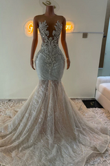 Sleeveless Silver Sparkle Appliques V-neck Mermaid Court Train Prom Dresses-Ballbella