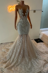 Sleeveless Silver Sparkle Appliques V-neck Mermaid Court Train Prom Dresses-Ballbella