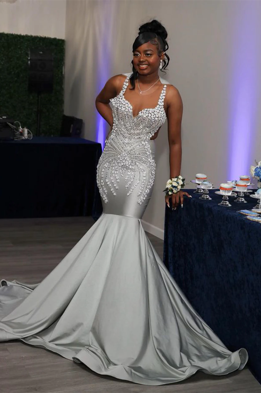 Sliver Spaghetti-Strap Sleeveless Mermaid Prom Dress UK with Flower Ap ballbellauk Sliver Spaghetti-Strap Sleeveless Mermaid Prom Dress UK with Flower Ap ballbellauk