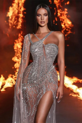 Spakle Silver Sequin Sparkle Beaded See through High Split Prom Dresses with Cape-Ballbella
