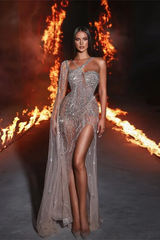 Spakle Silver Sequin Sparkle Beaded See through High Split Prom Dresses with Cape-Ballbella