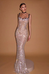 Sparkle Gorgeous Sequins Beaded Spaghetti Strap Mermaid Sleeveless Prom Dress-Ballbella