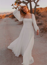 Square Neckline Chic A-line Wedding Dress Long Sleeves Chiffon Sweep Train-Ballbella