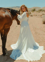 Square Neckline Chic A-line Wedding Dress Long Sleeves Chiffon Sweep Train-Ballbella