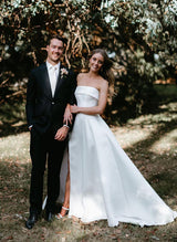 Strapless Chic A-line Satin Wedding Dress Sweep Train-Ballbella