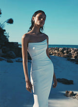 Strapless Mermaid Fitted Wedding Dresses Elastic Satin Sweep Train for Summer Beach-Ballbella