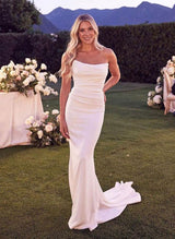 Strapless Mermaid Fitted Wedding Dresses Elastic Satin Sweep Train for Summer Beach-Ballbella