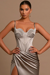 Straps Silver Mermaid High Split Floor length Sleeveless Prom Dresses-Ballbella