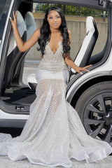 Straps V-neck Silver Beaded Mermaid Sparkle Prom Dresses-Ballbella