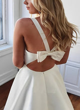 Stretch Crepe Sleeveless V-neck Wedding Dress Chic A-line Silhouette Ruffles Sweep Train-Ballbella