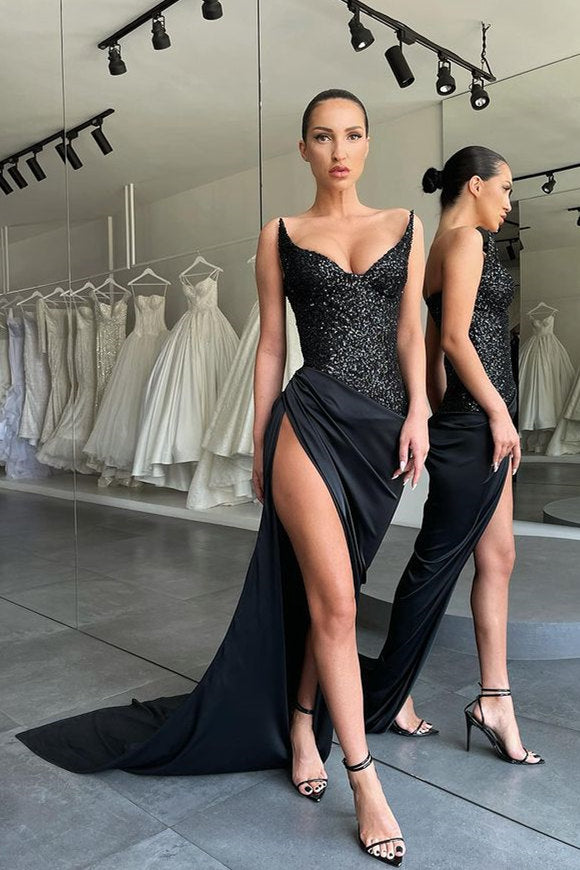 Stunning Black High-split Lace-up Sequined Prom Dress special Straples – ballbellauk Stunning Black High-split Lace-up Sequined Prom Dress special Straples – ballbellauk