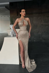 Stunning Halter Sequins Prom Dresses Mermaid Sleeveless With Slit-ballbellauk