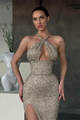 Stunning Halter Sequins Prom Dresses Mermaid Sleeveless With Slit-ballbellauk