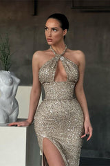 Stunning Halter Sequins Prom Dresses Mermaid Sleeveless With Slit-ballbellauk