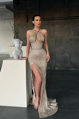 Stunning Halter Sequins Prom Dresses Mermaid Sleeveless With Slit-ballbellauk