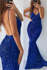 Stunning Royal Blue Sequins Mermaid Evening Dress V-Neck Sleeveless With Slit-ballbellauk