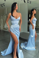 Stunning Sky blue High-split sequined Prom Dress Stapless-ballbellauk