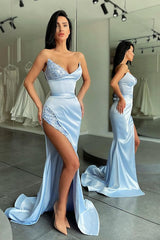 Stunning Sky blue High-split sequined Prom Dress Stapless-ballbellauk