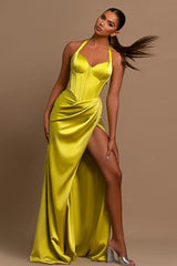 Stunning Yellow Green Halter Formal Wears Mermaid Sleeveless Split Long-ballbellauk
