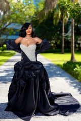 Sweetheart Ball Gown Black Puffy Silver Beaded Prom Dresses-Ballbella