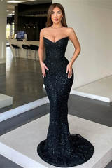 Sweetheart Black Sequin Court Train Simple Prom Dresses-Ballbella