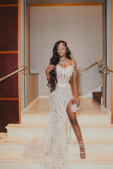 Sweetheart Ivory Mermaid High Split Court Train Sparkle Prom Dresses-Ballbella