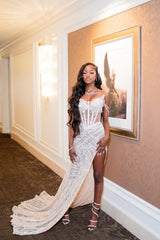 Sweetheart Ivory Mermaid High Split Court Train Sparkle Prom Dresses-Ballbella