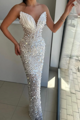 Sweetheart White Pearls Mermaid Low back Sleeveless Prom Dresses-Ballbella