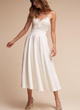 Tea-Length Lace Short Reception Wedding Dresses-Ballbella