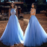 Trendy Blue Halter Long Prom Dress Tulle Evening Ball Dresses Beadings-ballbellauk