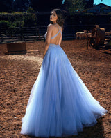 Trendy Blue Halter Long Prom Dress Tulle Evening Ball Dresses Beadings-ballbellauk